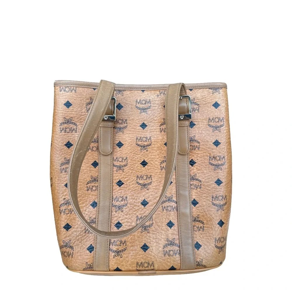 MCM Vintage Visetos Cognac Coated Canvas Shopper Tote Small Luxe Iconic Monogram